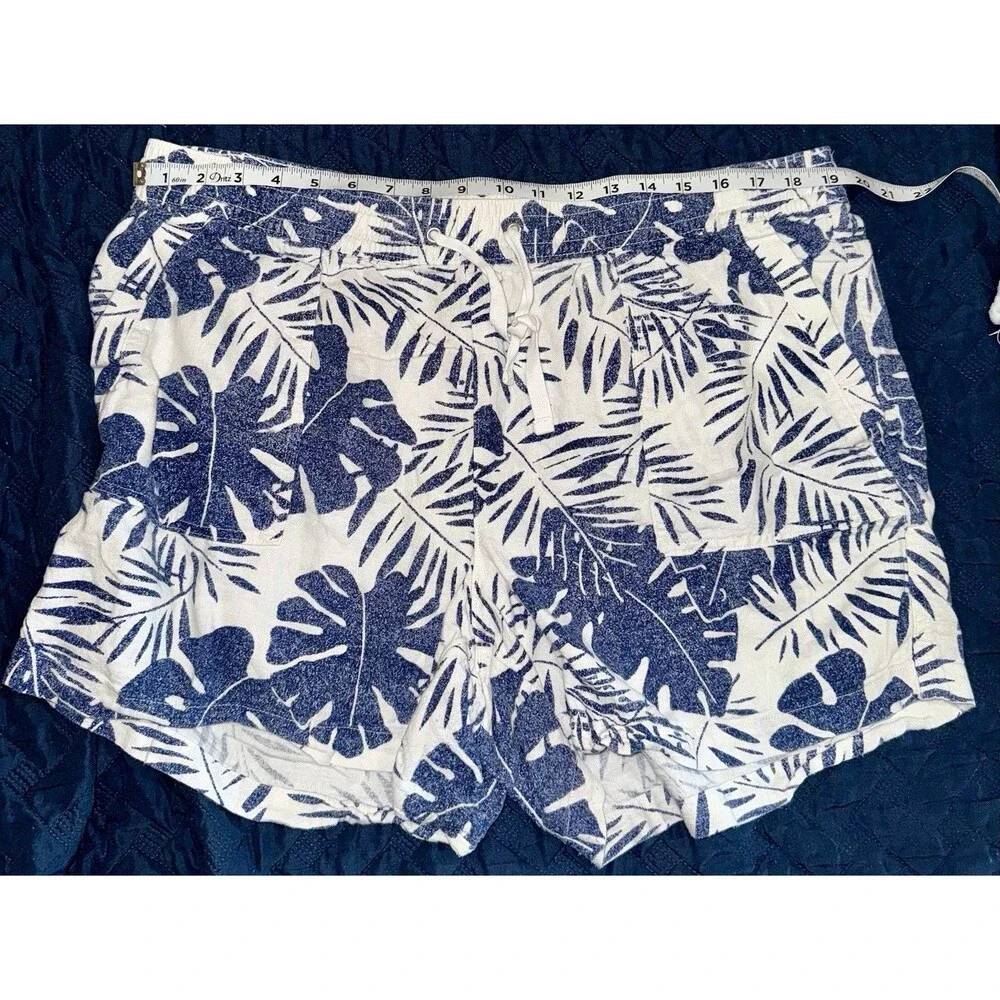 Nautica Womens Linen Blend Pull On Shorts Slant Pockets Size XXL Blue White Palm